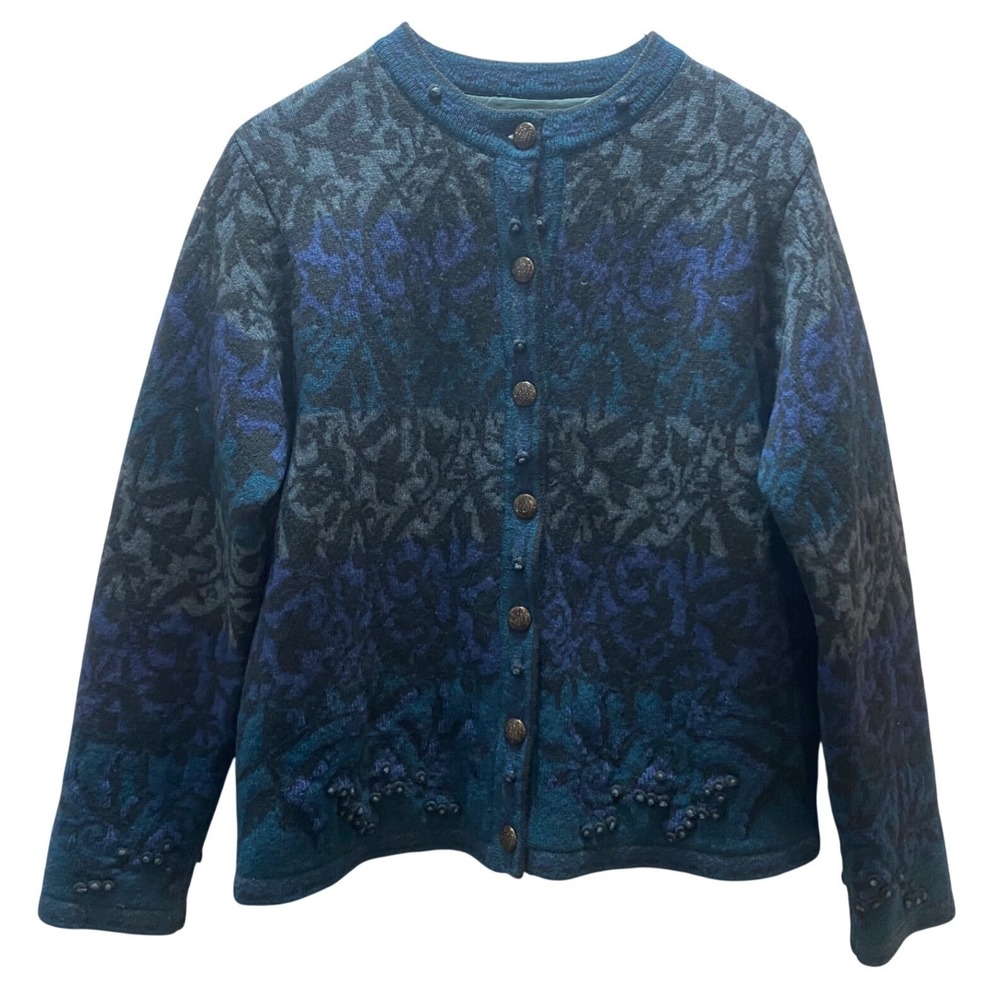 Vintage Pendleton 100% Lambswool Cardigan Sweater Petite M Blue‎ Abstract Knit
